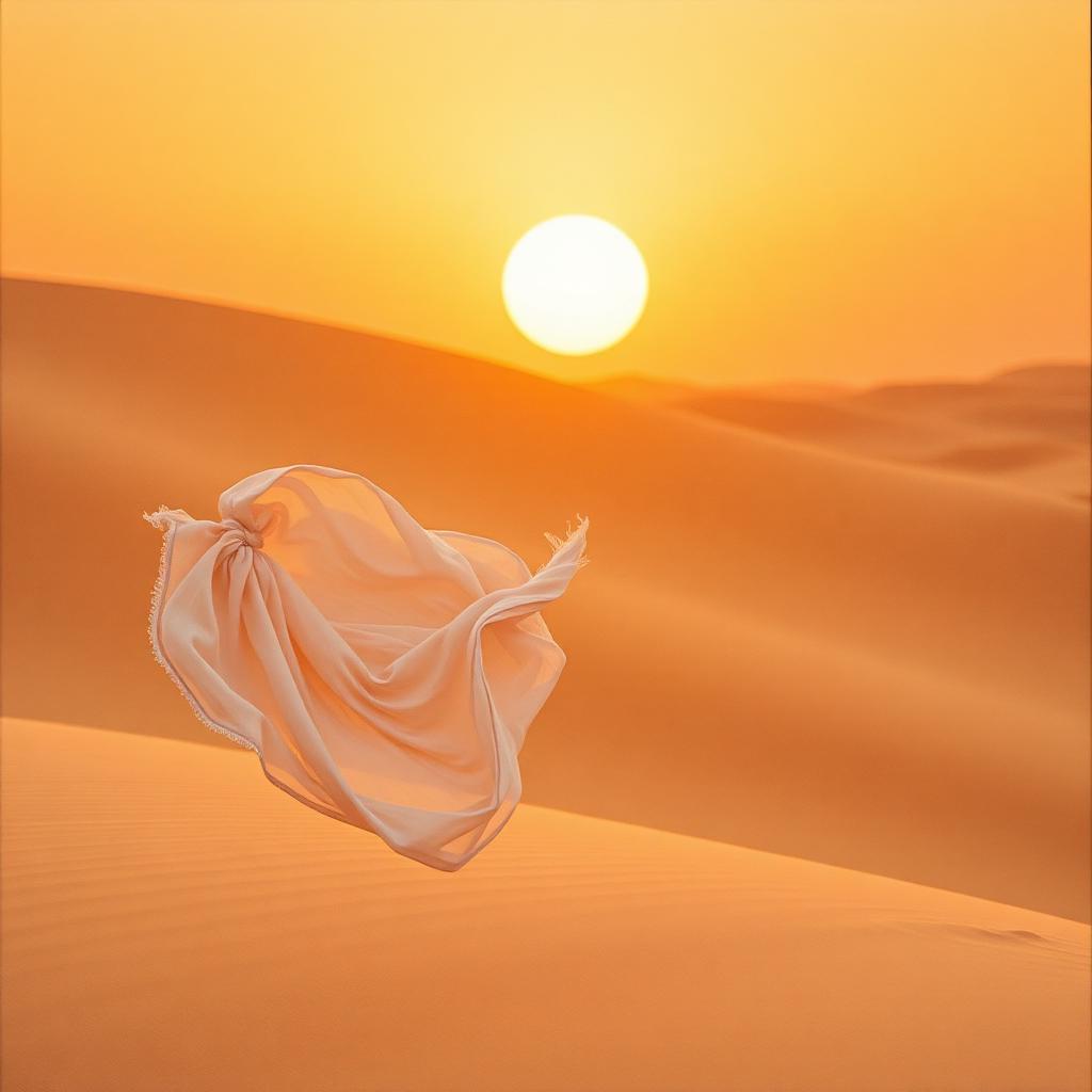 White silk scarf floating over golden desert dunes