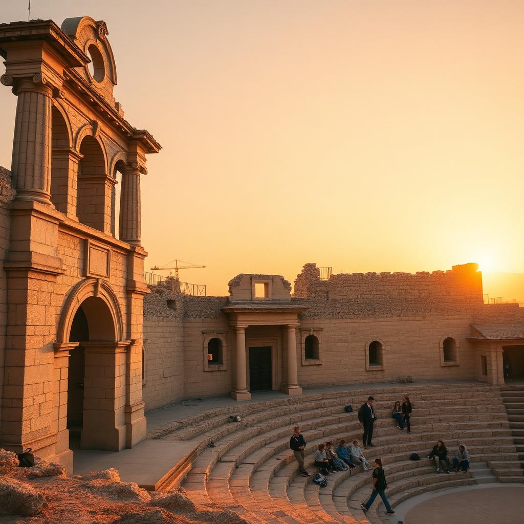 Ancient amphitheater bathed in golden sunset light