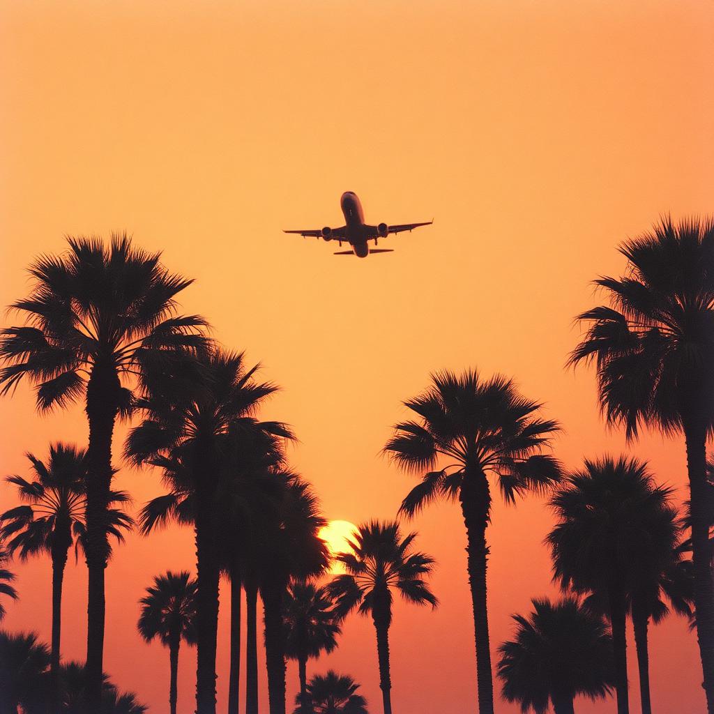Palm tree silhouettes against a warm orange sunset